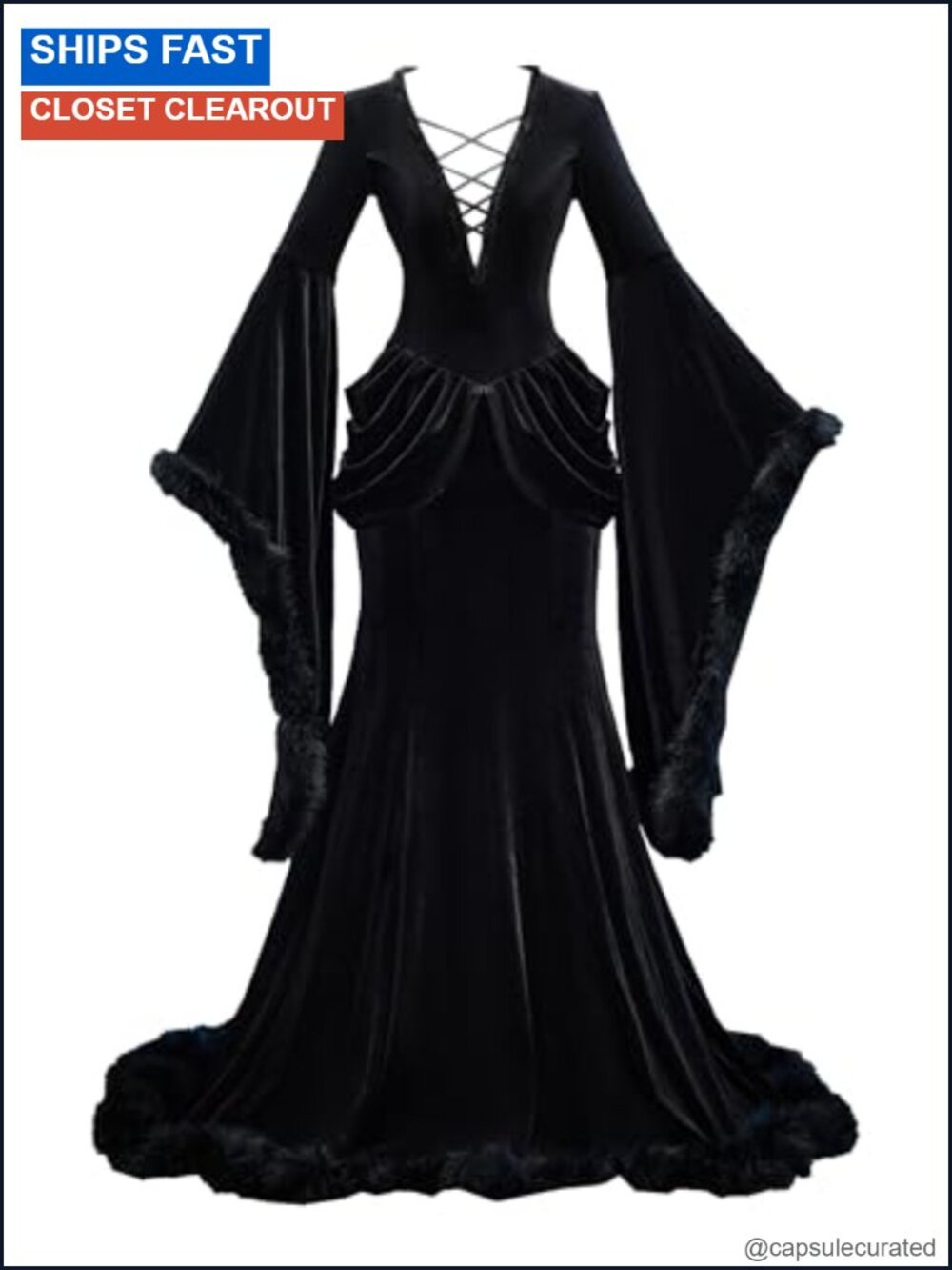 Women Gothic Dress Velvet Long Sleeve Fishtail Gown Halloween Costume Vampire